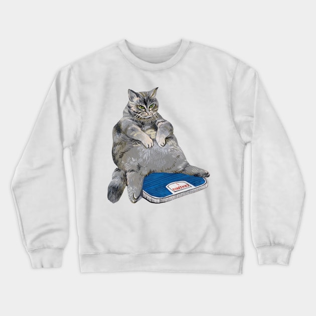 Fat grey cat on the scales Crewneck Sweatshirt by argiropulo